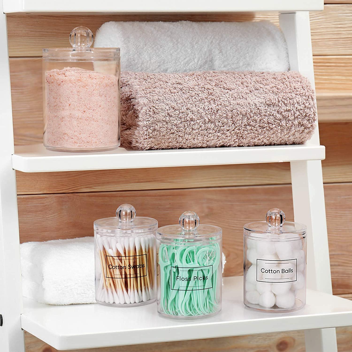Zollyss 4 Pack Qtip Holder Dispenser for Cotton Ball Cotton Swab Cotton Round Pads, Floss - 15 oz Clear Plastic Apothecary Jar S